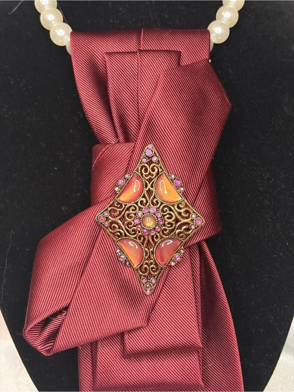Jos. A. Bank Burgundy Decorative Necklace Tie with Ornate Brooch
